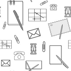 Office items, pen, phone, pencil, black and white seamless pattern, background