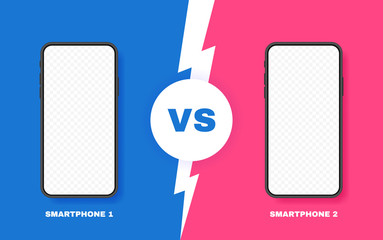 Comparison of two different smartphones. VS background with lightning bolt for comparison. Vector illustration
