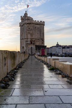 Saint-nicolas Tower in the old harbour of La Rochelle. Portrait format.