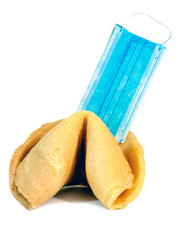 Isolated fortune cookie with surgical mask fortune. Fun. Humor. Serious.