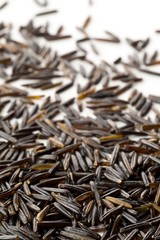 Macro close up of uncooked, raw, black wild rice grains on white background
