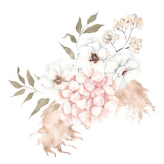 Watercolor Bouquet with hand draw creamy dried flowers and leaves, isolated on white background