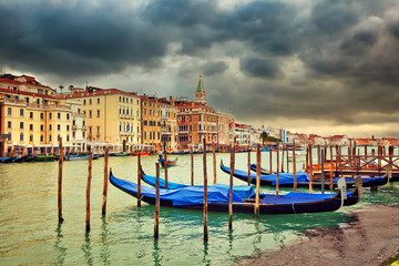 Gondolas in Venice at cloudy day