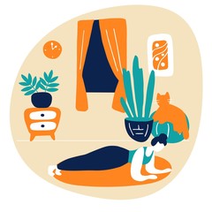 Young woman doing plank. Sports workout, gymnastic exercise at home. Flat vector illustration