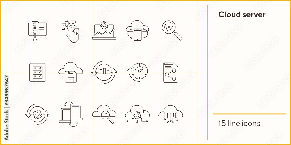 Poster cloud server line icon set. database, network, software. information storage concept. can be used fo