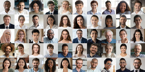 Fototapeta na wymiar Many happy diverse ethnicity different young and old people group headshots in collage mosaic collection. Lot of smiling multicultural faces looking at camera. Human resource society database concept.