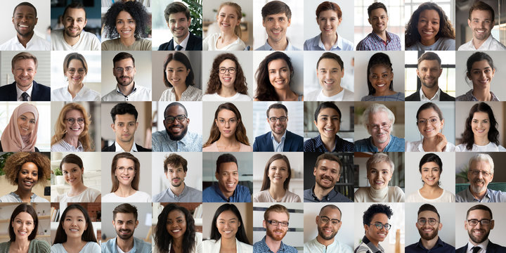 Many happy diverse ethnicity different young and old people group headshots in collage mosaic collection. Lot of smiling multicultural faces looking at camera. Human resource society database concept.