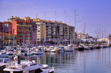 Nice, France - June 11, 2019 - Fishing boats docked in the port along the French Riviera on the...