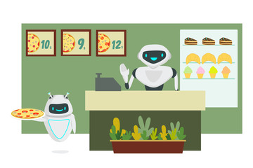 Two robots in a pizzeria serves people. Replacing human labor and modern technologies in the service sector concept. The robot replaced a person at the checkout in a restaurant