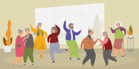 Old people dance flat vector illustration. Elderly men and women actively spend time. Grandfather and grandmothers leisure concept, pensioners disco in the park. Senior people have fun in nursing home