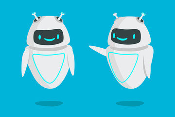 Robot flat vector illustration. Digital advisor, cyborg operator, chatterbox concept. Replacement of human labor, automation of support services. Robot in two positions standing with raised hand
