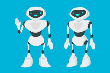 Robot flat vector illustration. Digital advisor, cyborg operator, chatterbox concept. Replacement of human labor, automation of support services.Robot in two positions with raised hand