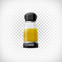 Vector illustration. Transparent spice herb container icon. Curcuma shaker mockup. Realistic effect. Lettering Turmeric. Design element on transparent background.