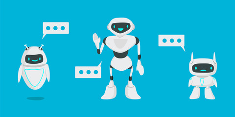Chat bot, robot assistance flat vector illustration. The concept of digital advisor, cyborg operator, chatterbox. Replacement of human labor, automation of support services. Set of different robots.