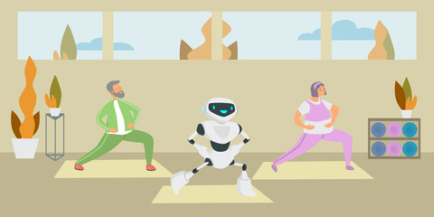 Robot together with the elderly man do exercises flat vector illustration. Robot assistant for handicapped, futuristic elderly care concept. Replacement of human labor, medicine automation.