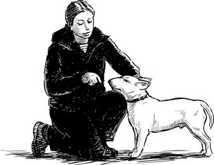 Sketch of young woman with her bull terrier outdoors