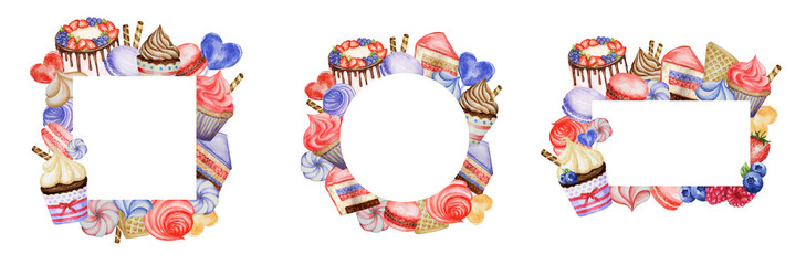 Watercolor Sweet deserts frame. Border with Cream, waffle, cake, cupcake, berries. Hand drawn delicious food illustration for menu, bakery logo, cards, poster, baner, design concept with copy space.