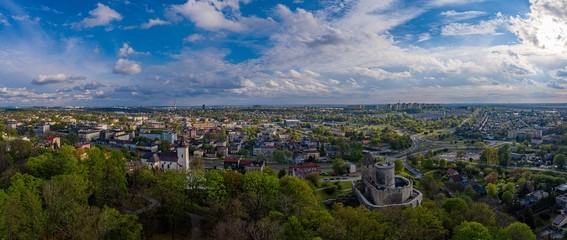 Panoramic aerial drone view on Bedzin and castle on the hill.