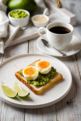 Toast with guacamole and boiled egg, avocado toast with coffee cup