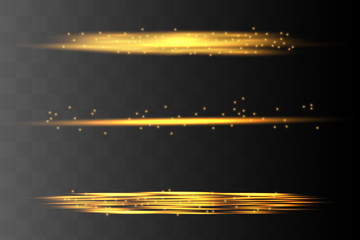 Yellow horizontal lens flares pack. Laser beams, horizontal light rays.Beautiful light flares.