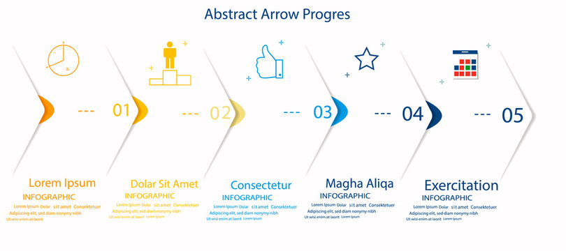 Eight paper white overlapping arrows placed in horizontal row. Concept of 5 successive steps of progressive business development. Simple infographic design template. Abstract vector illustration.