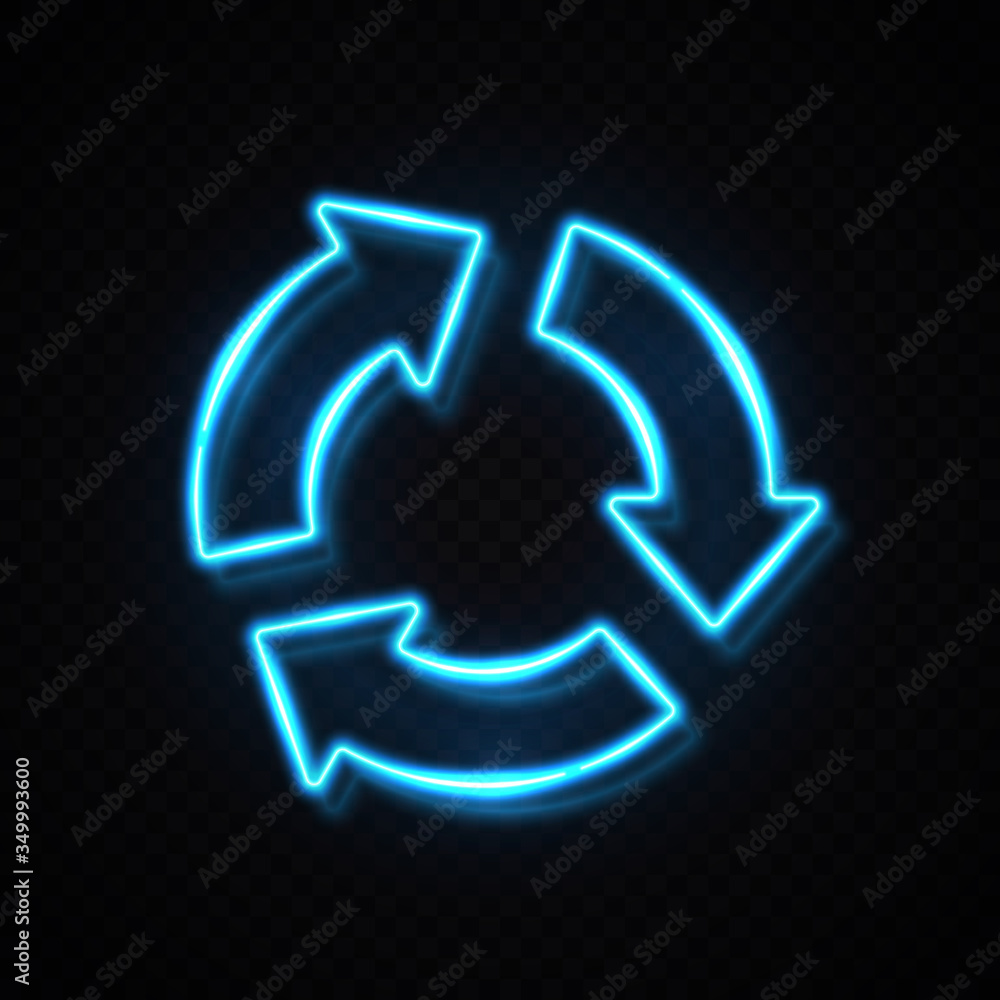 Poster 3 arrows in circle blue neon sign on dark transparent background. reload refresh recycle progress sy