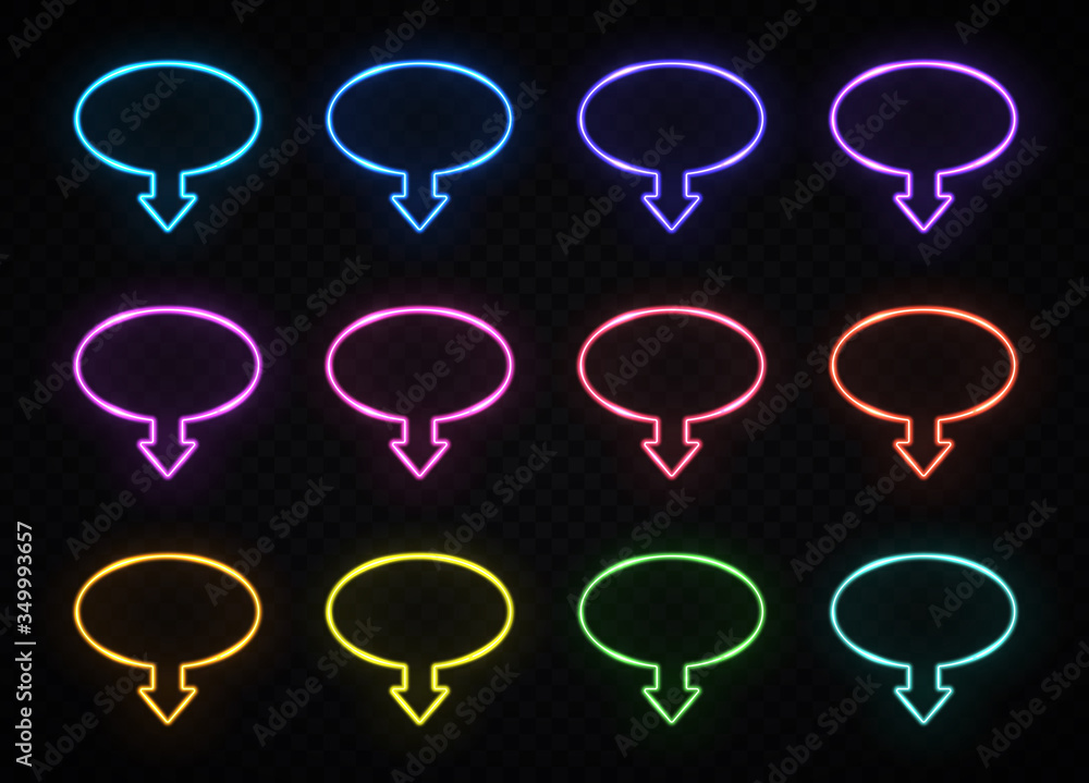 Poster oval color neon arrow sign set on dark transparent background. glowing circle pointer. electric led 