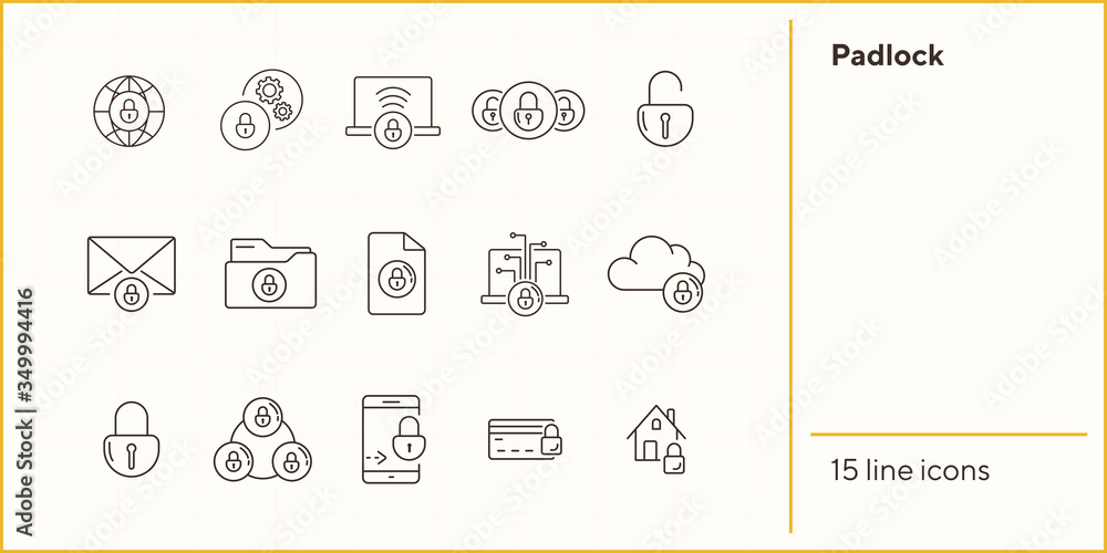 Poster padlock line icons. set of line icons. phone with padlock, planet. security concept. vector illustra