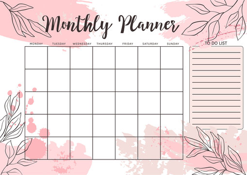 Monthly Planner and To Do List with pastel pink brush strokes and line style leaves