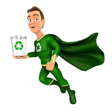 3d green hero flying and holding trash can icon