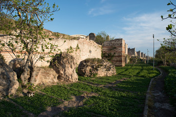 Istanbul walls and agricultural fields at the bottom