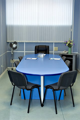 Blue table for negotiations, meetings, Executive chair, fan, office. Rent.