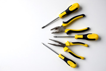 Black and yellow colored set of working tools to repair, fix, improve, change for building worker, carpenter