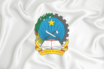 A developing white flag with the coat of arms of Angola. Country symbol. Illustration. Original and...