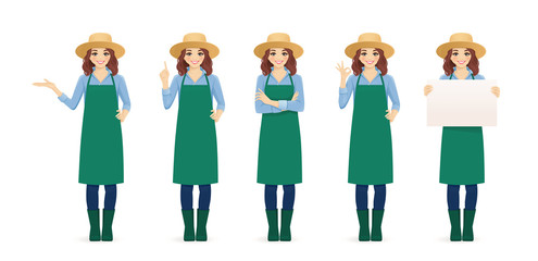 Smiling gardening farmer woman in apron and straw hat standing with different gestures isolated vector illustration