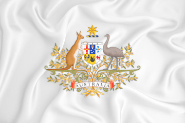 A developing white flag with the coat of arms of Australia. Country symbol. Illustration. Original and simple coat of arms in official colors and the right proportion