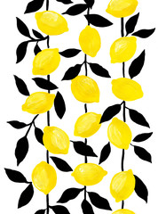 Yellow fruits of lemon with black leaves. Seamless border citrus texture on a white background. Doodle Minimal Style. The drawing is brushed with acrylics and black ink. Handwriting. Fruit pattern