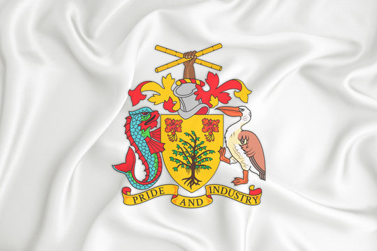 A developing white flag with the coat of arms of Barbados. Country symbol. Illustration. Original and simple coat of arms in official colors and the right proportion