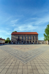 The main square with the village library in Beloiannisz, Hungary