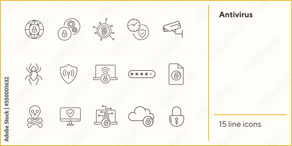 Poster antivirus line icons. set of line icons. closed padlock, skull and crossed bones. internet security 