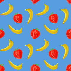 gouache seamless pattern with fruits and berries bananas and strawberry on a blue background, vegetarian pattern for for diet, healthy eating. Use as restaurant menu, packaging,textile