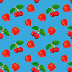 gouache seamless pattern with fruits and berries cherry and strawberry on a light blue background,vegetarian pattern for diet, healthy eating. Use as restaurant menu, packaging, product design,textile