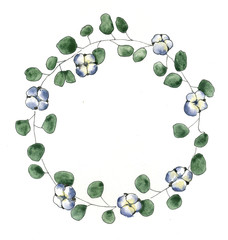 Watercolor drawing cotton flowers and eucalyptus leaves in wreath