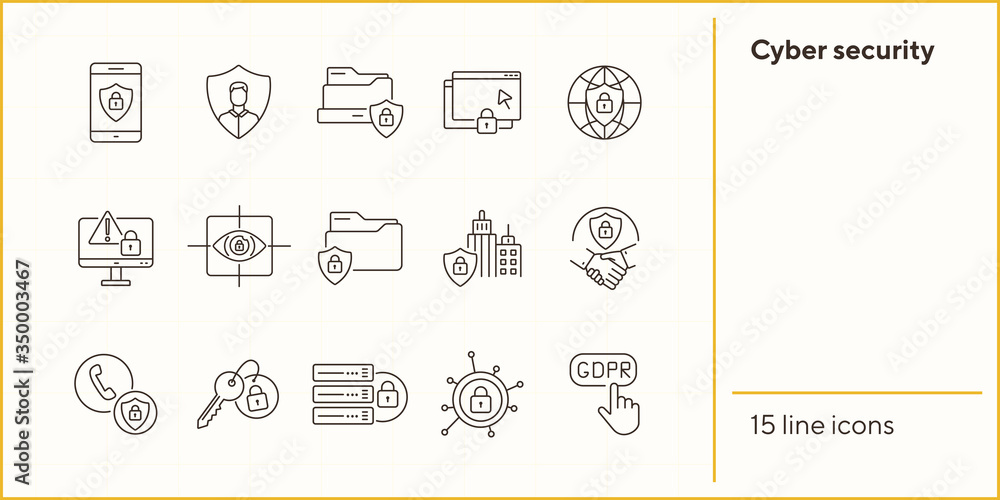 Aufkleber cyber security line icon set. database, national security, privacy, lock isolated outline sign pack.