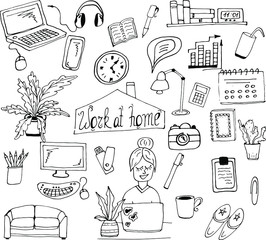 work at home doodle office home office supplies laptop smartphone watch notepads stationery sofa flowerpot cactus clipart lineart, hand drawing