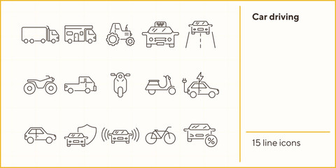 Car driving line icon set. Camper, bike, electric car. Transport concept. Can be used for topics like vehicle, travel, trip © RedlineVector