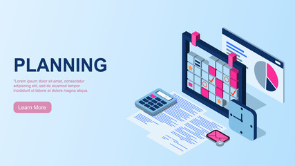 Planning. Time management concept. Efficient use of worktime for implementation of the business plan. Vector of a top view of the workplace. EPS