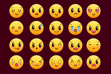 Set of cute lovely kawaii emoticon. Doodle cartoon face in childlike manga cartoon style. Flat vector icons. Sticker collection. EPS