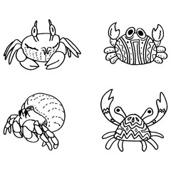 Crab sticker set on white isolated backdrop. Tribal crab for invitation and gift card, tattoo parlor or seafood store logo, bath tile. Phone case or cloth print. Doodle style stock vector illustration