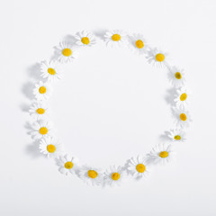 Beautiful flowers composition. Wreath made of white chamomile flowers on white background. Flat lay, top view, copy space 